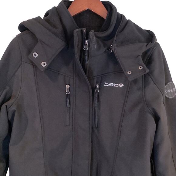 Bebe Versatile Mid-Length Coat Removable Hood & Lining Black Women's Medium - Picture 1 of 9